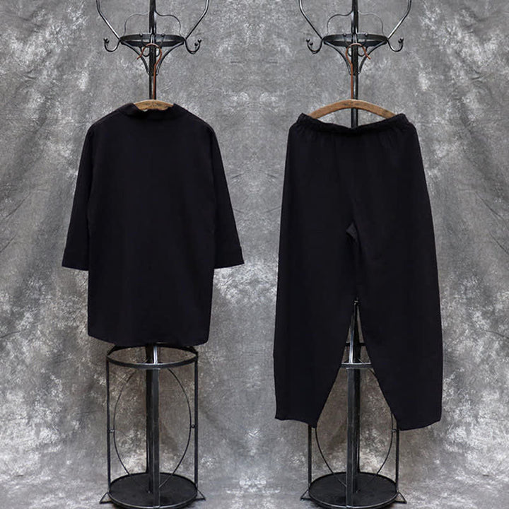 Buddha Stones Ensemble 2 pièces printemps-été, chemise à col mandarin, pantalon brodé, coton uni, tenue de méditation pour homme avec poches - image 25
