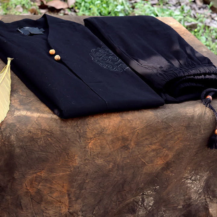 Buddha Stones Ensemble 2 pièces printemps-été, chemise à col mandarin, pantalon brodé, coton uni, tenue de méditation pour homme avec poches - image 26