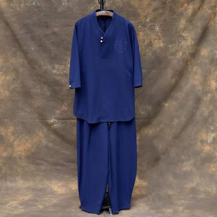 Buddha Stones Ensemble 2 pièces printemps-été, chemise à col mandarin, pantalon brodé, coton uni, tenue de méditation pour homme avec poches - Bleu royal - US/UK/AU46，EU56 (5XL) - image 18