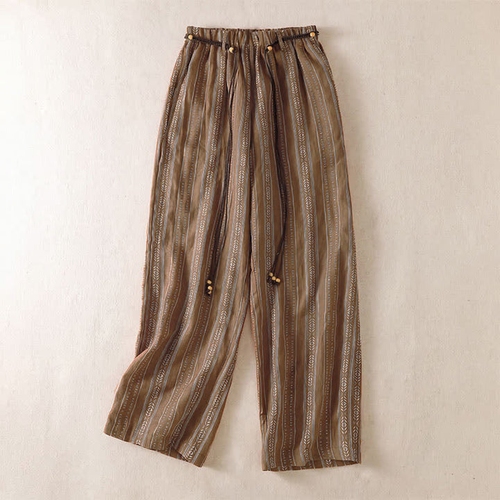 Buddha Stones Pantalon rayé à cordon de serrage et chevilles, coupe bohème décontractée, printemps-été, avec poches. - Terre de sienne - US8-10, UK/AU12-14, EU40-42 (2XL) - image 0