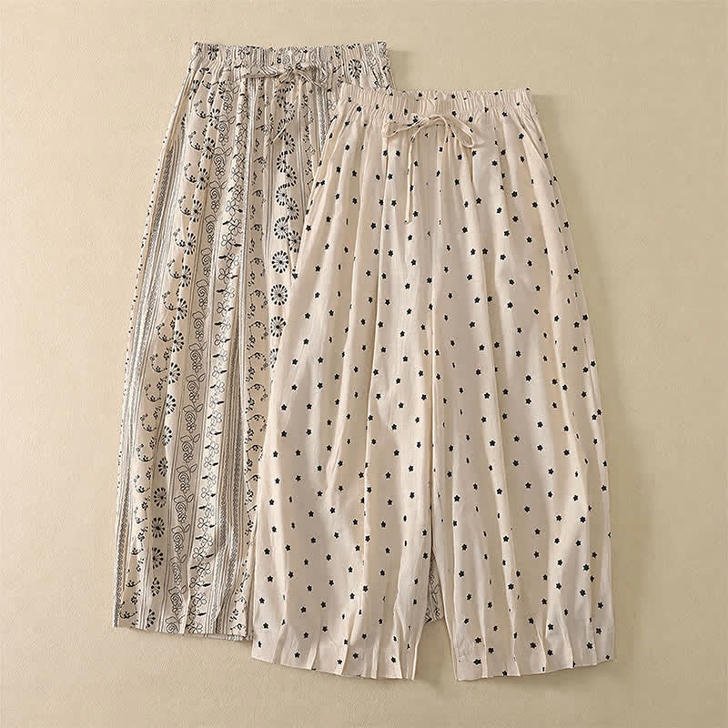 Buddha Stones Pantalon Capri bohème décontracté printemps-été à cordon de serrage, rayé, branches et étoiles, style sarouel, avec poches - image 13
