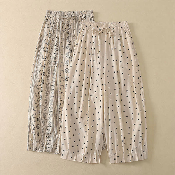 Buddha Stones Pantalon Capri bohème décontracté printemps-été à cordon de serrage, rayé, branches et étoiles, style sarouel, avec poches - image 13