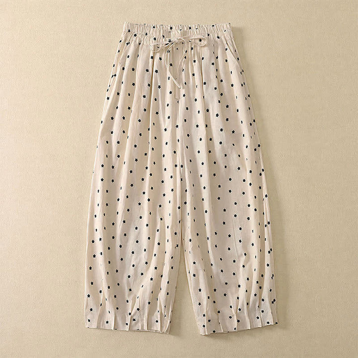 Buddha Stones Pantalon Capri bohème décontracté printemps-été à cordon de serrage, rayé, branches et étoiles, style sarouel, avec poches - Blanc antique - US8-10, UK/AU12-14, EU40-42 (2XL) - image 5