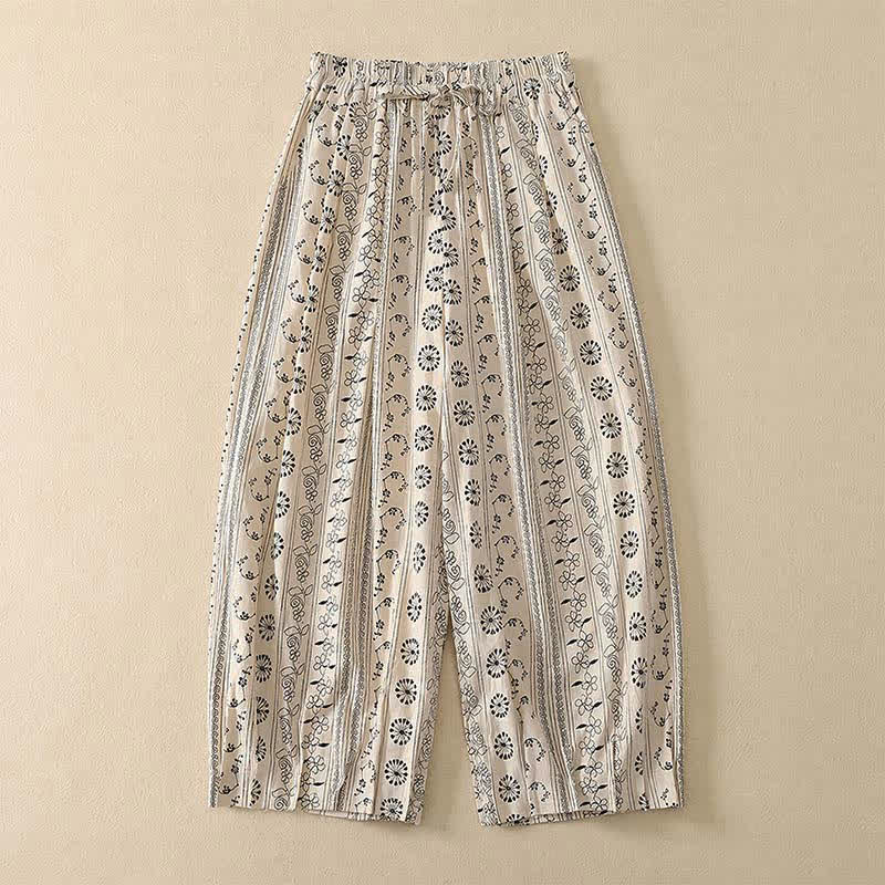 Buddha Stones Pantalon Capri bohème décontracté printemps-été à cordon de serrage, rayé, branches et étoiles, style sarouel, avec poches - Blanc - US8-10, UK/AU12-14, EU40-42 (2XL) - image 0