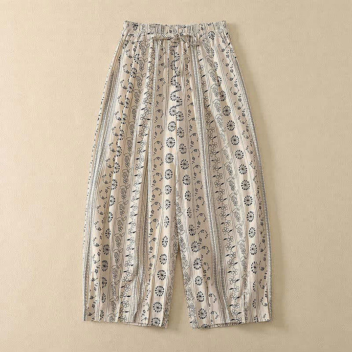 Buddha Stones Pantalon Capri bohème décontracté printemps-été à cordon de serrage, rayé, branches et étoiles, style sarouel, avec poches - Blanc - US8-10, UK/AU12-14, EU40-42 (2XL) - image 0