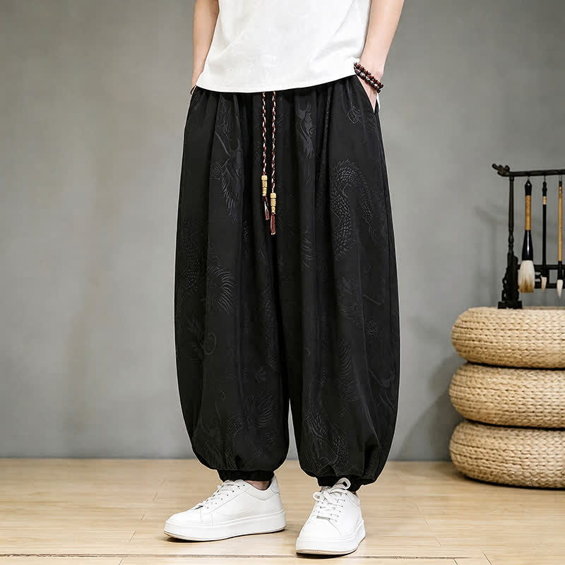 Buddha Stones Pantalon harem homme décontracté printemps-été style Tang à cordon de serrage et poches - Noir - US/UK/AU46, EU56 (5XL) - image 0