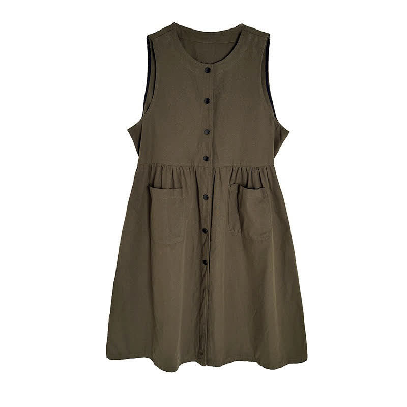 Buddha Stones Robe d'été minimaliste boutonnée unie sans manches avec poche, style décontracté, pour femme - image 11