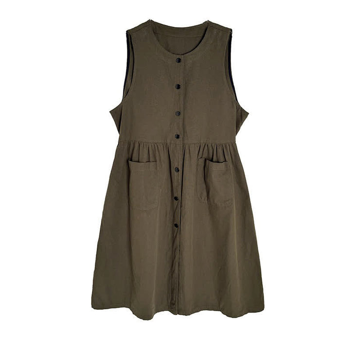 Buddha Stones Robe d'été minimaliste boutonnée unie sans manches avec poche, style décontracté, pour femme - image 11