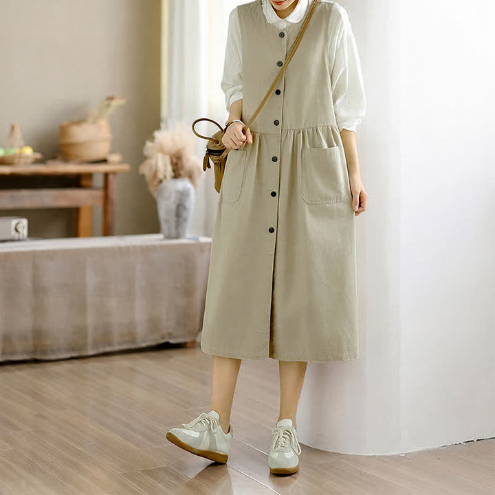 Buddha Stones Robe d'été minimaliste boutonnée unie sans manches avec poche, style décontracté, pour femme - image 24