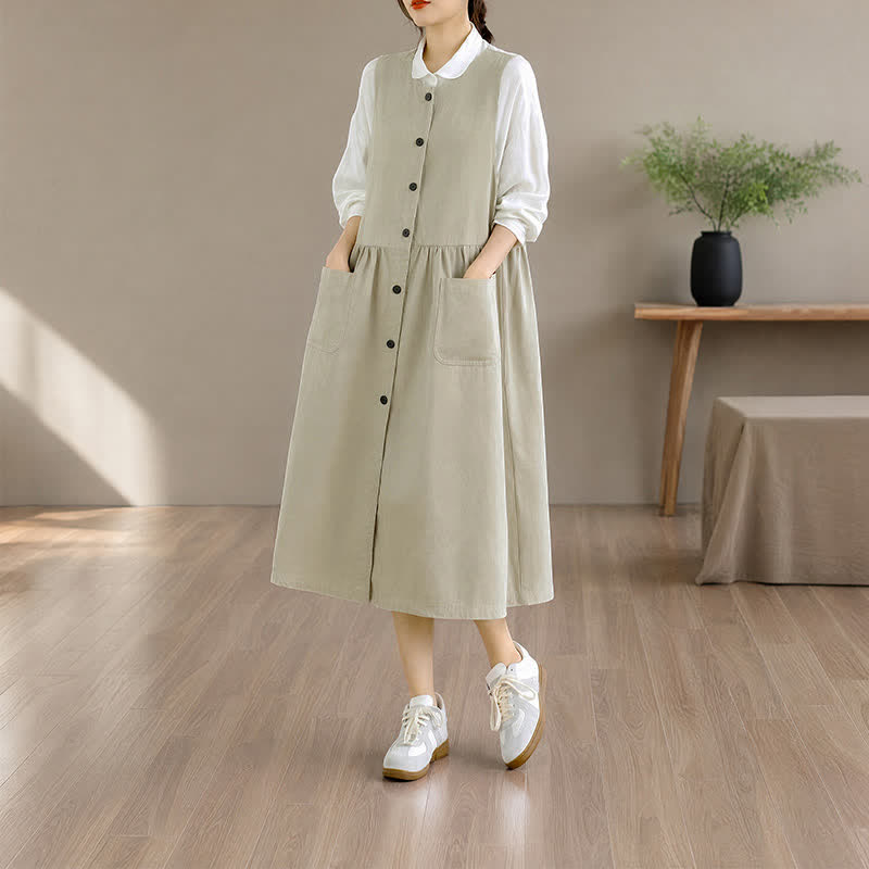 Buddha Stones Robe d'été minimaliste boutonnée unie sans manches avec poche, style décontracté, pour femme - image 23
