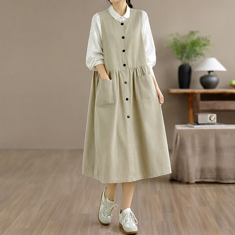 Buddha Stones Robe d'été minimaliste boutonnée unie sans manches avec poche, style décontracté, pour femme - image 20