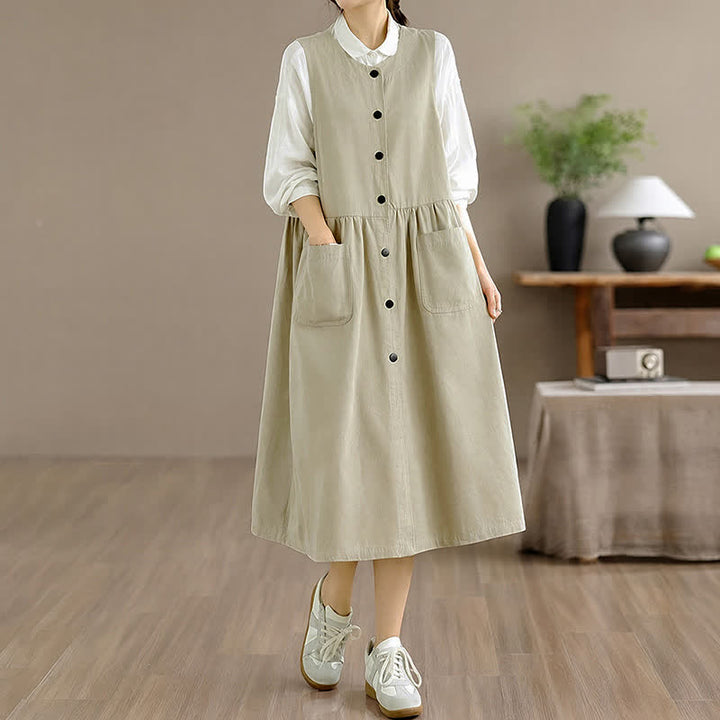Buddha Stones Robe d'été minimaliste boutonnée unie sans manches avec poche, style décontracté, pour femme - image 20