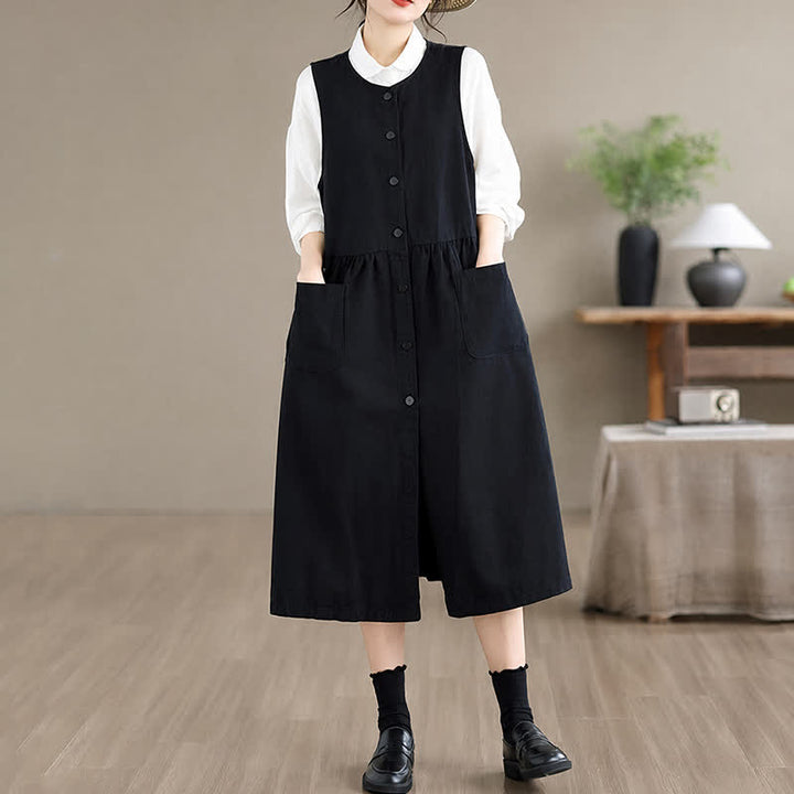 Buddha Stones Robe d'été minimaliste boutonnée unie sans manches avec poche, style décontracté, pour femme - image 14