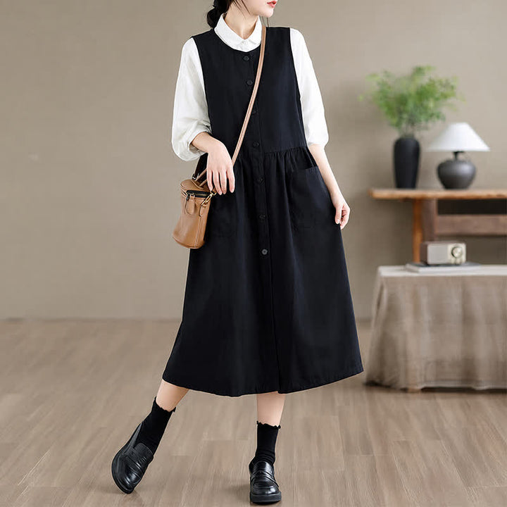 Buddha Stones Robe d'été minimaliste boutonnée unie sans manches avec poche, style décontracté, pour femme - image 13