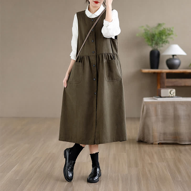 Buddha Stones Robe d'été minimaliste boutonnée unie sans manches avec poche, style décontracté, pour femme - image 1