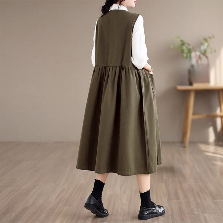 Buddha Stones Robe d'été minimaliste boutonnée unie sans manches avec poche, style décontracté, pour femme - image 4