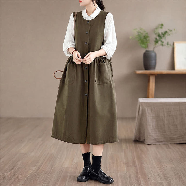 Buddha Stones Robe d'été minimaliste boutonnée unie sans manches avec poche, style décontracté, pour femme - image 2