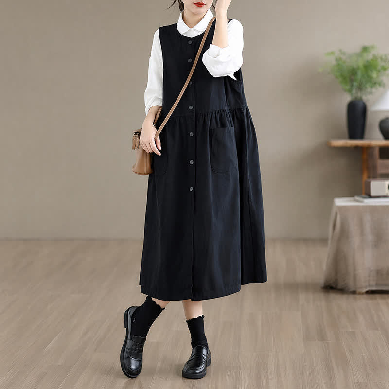 Buddha Stones Robe d'été minimaliste boutonnée unie sans manches avec poche, style décontracté, pour femme - image 15