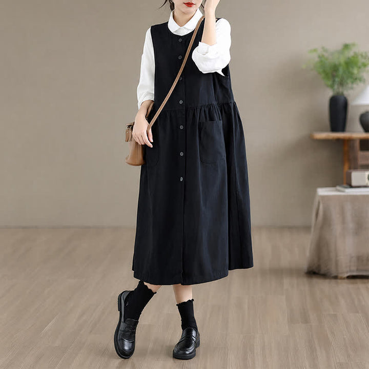 Buddha Stones Robe d'été minimaliste boutonnée unie sans manches avec poche, style décontracté, pour femme - image 15