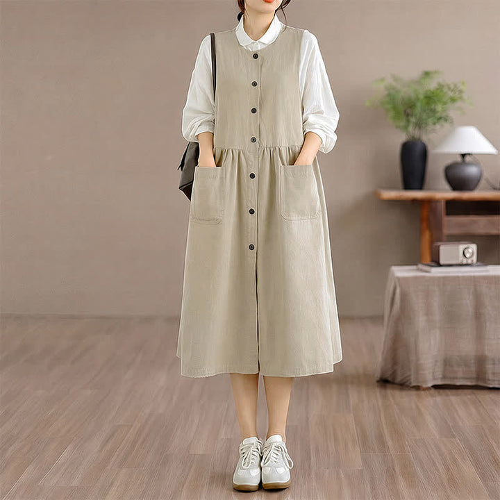 Buddha Stones Robe d'été minimaliste boutonnée unie sans manches avec poche, style décontracté, pour femme - image 19
