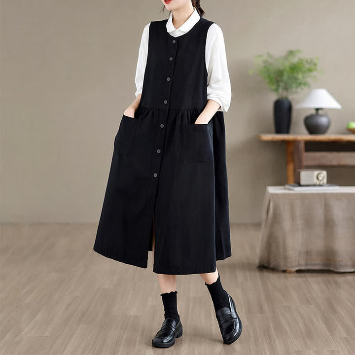 Buddha Stones Robe d'été minimaliste boutonnée unie sans manches avec poche, style décontracté, pour femme - Noir - US8-10, UK/AU12-14, EU40-42 (XL) - image 12