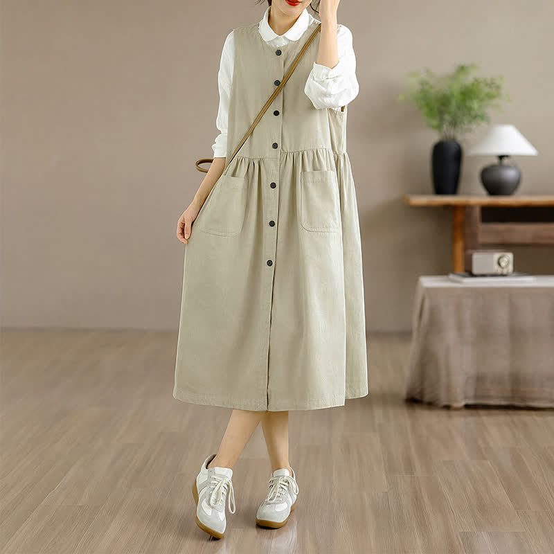 Buddha Stones Robe d'été minimaliste boutonnée unie sans manches avec poche, style décontracté, pour femme - image 21