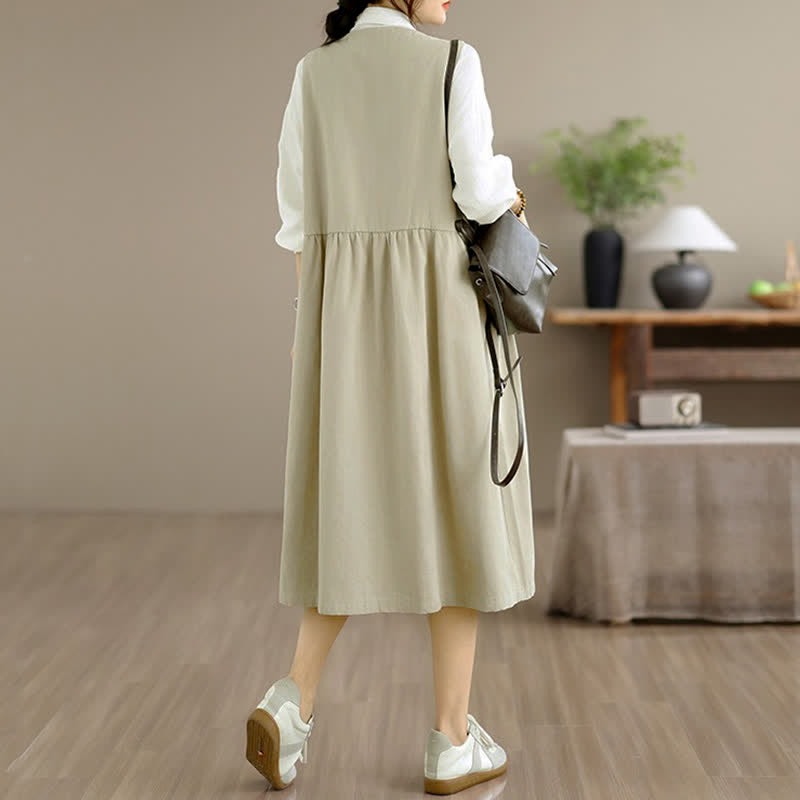 Buddha Stones Robe d'été minimaliste boutonnée unie sans manches avec poche, style décontracté, pour femme - image 22