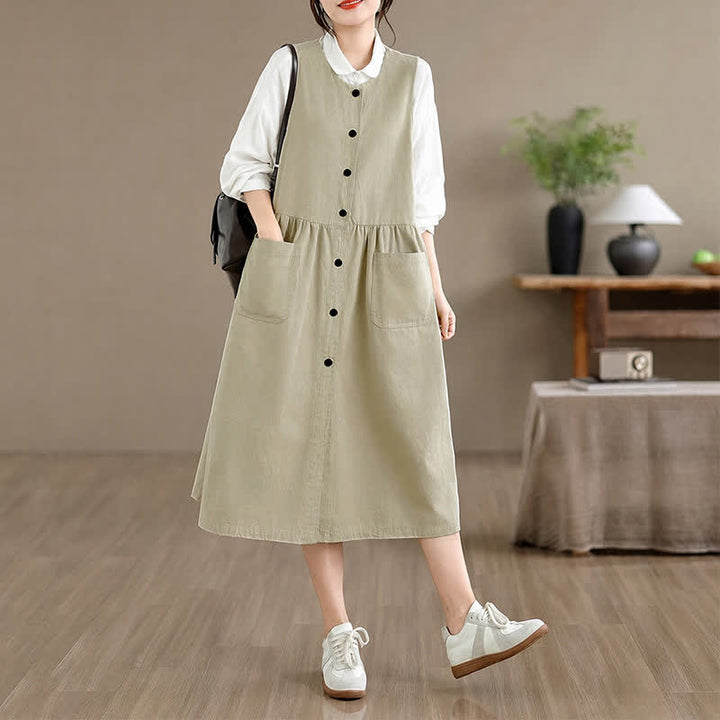 Buddha Stones Robe d'été minimaliste boutonnée unie sans manches avec poche, style décontracté, pour femme - Beige - US8-10, UK/AU12-14, EU40-42 (XL) - image 18