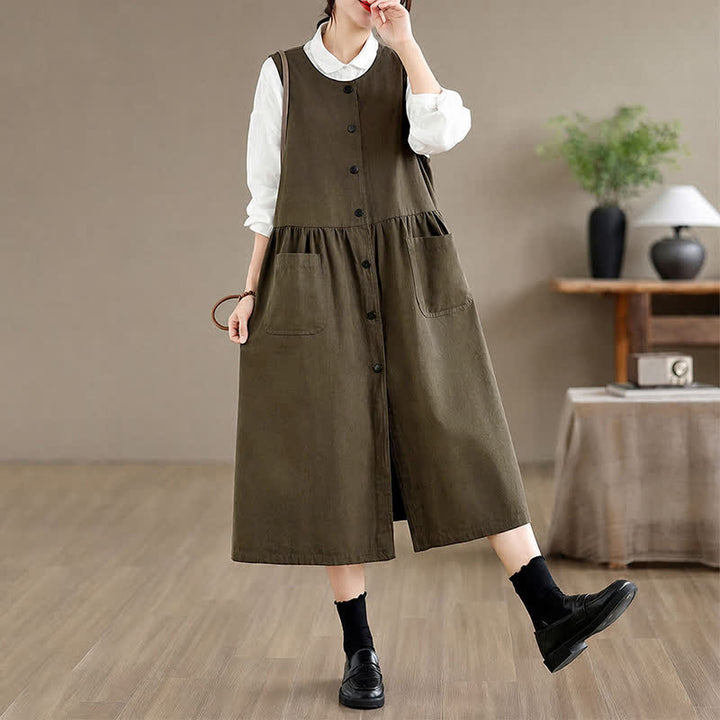 Buddha Stones Robe d'été minimaliste boutonnée unie sans manches avec poche, style décontracté, pour femme - Vert olive foncé - US8-10, UK/AU12-14, EU40-42 (XL) - image 0