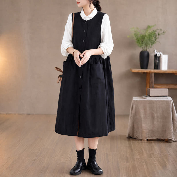 Buddha Stones Robe d'été minimaliste boutonnée unie sans manches avec poche, style décontracté, pour femme - image 17