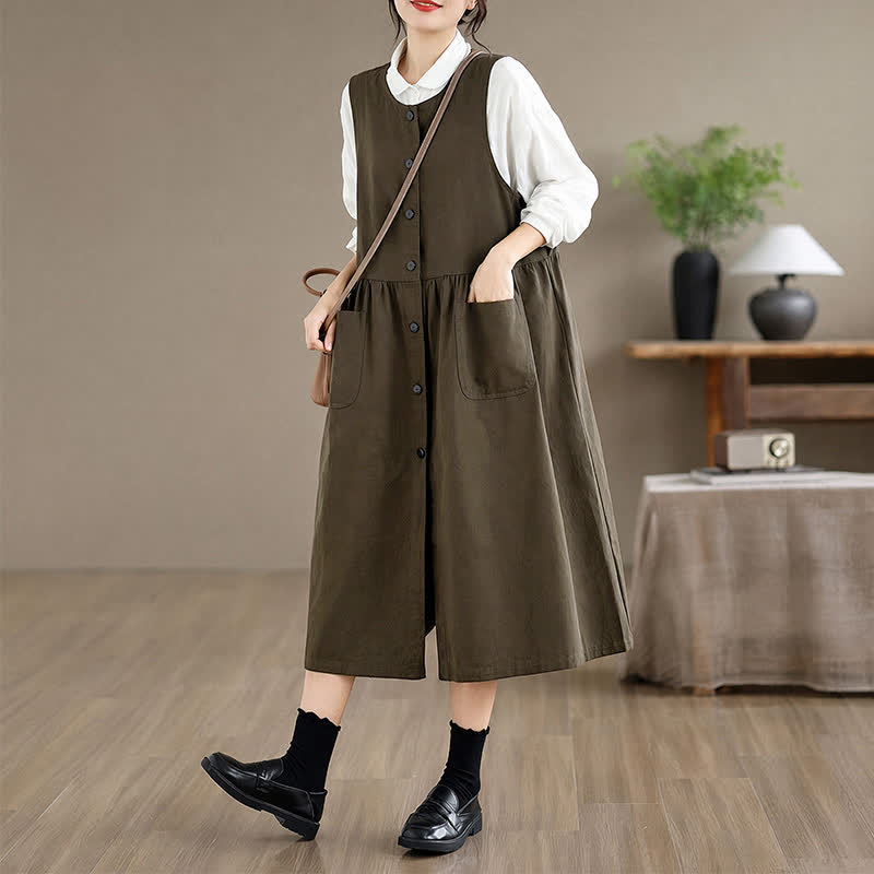 Buddha Stones Robe d'été minimaliste boutonnée unie sans manches avec poche, style décontracté, pour femme - image 3