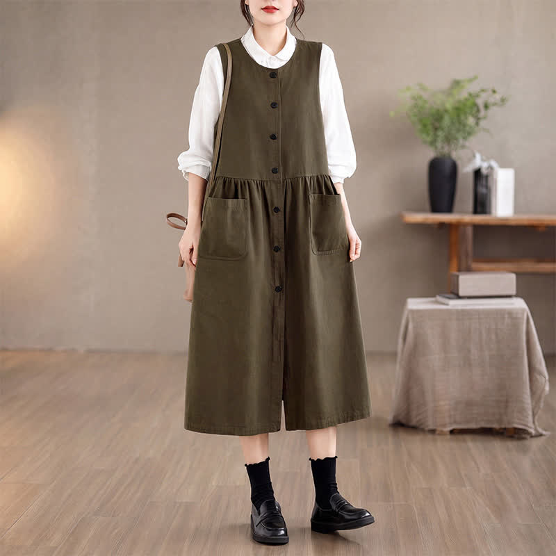 Buddha Stones Robe d'été minimaliste boutonnée unie sans manches avec poche, style décontracté, pour femme - image 5