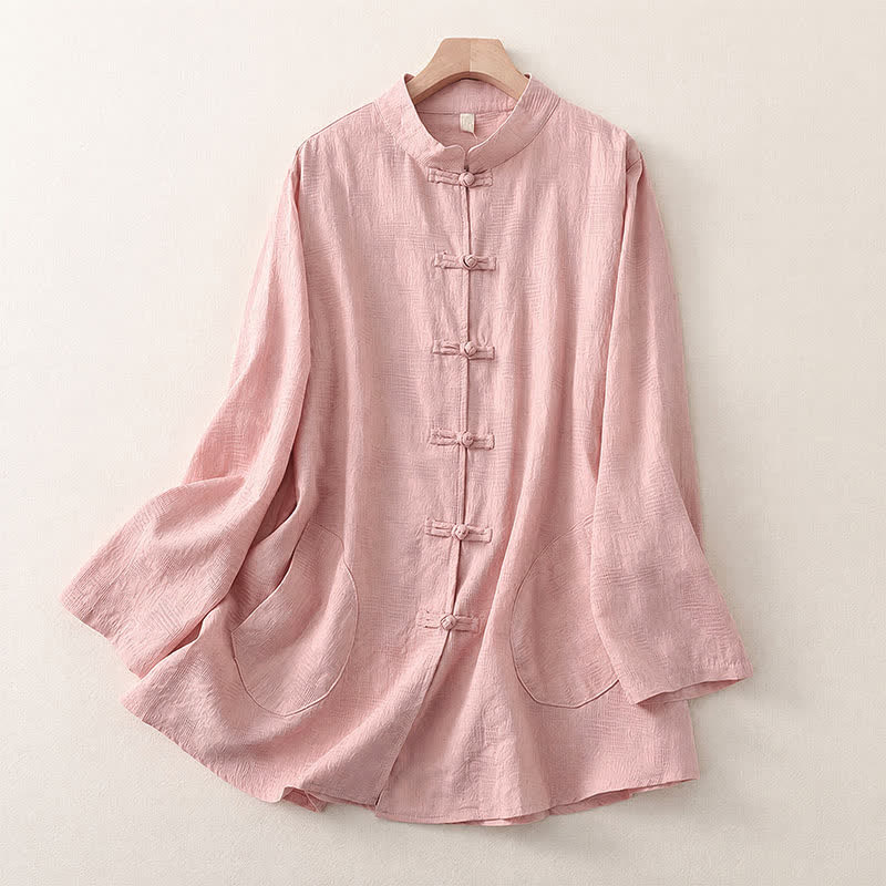Buddha Stones Chemises à manches longues pour femmes, style Tang, col mandarin, boutons brandebourg, couleur unie, avec poches, idéales pour le printemps et l'automne. - Rose clair - US8-10, UK/AU12-14, EU40-42 (2XL) - image 6