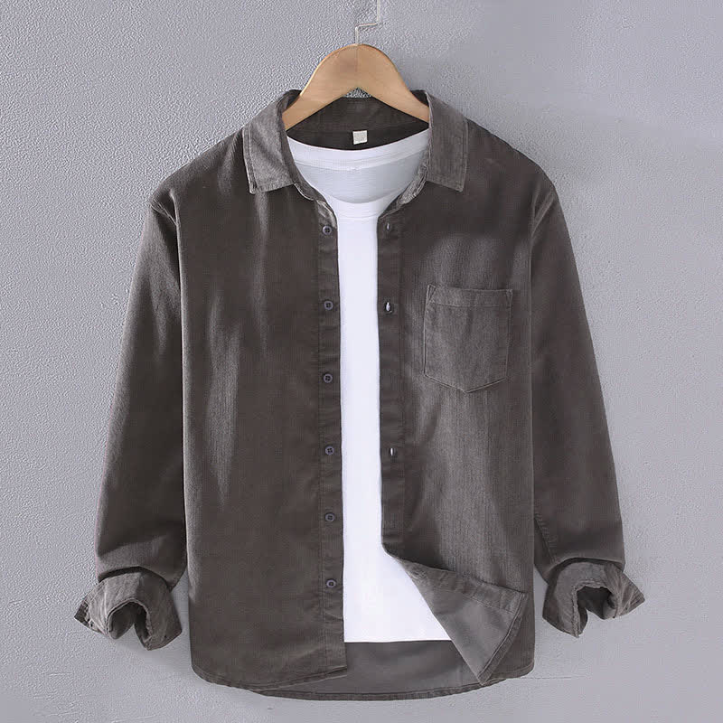 Buddha Stones Chemises à manches longues pour homme, en coton uni, style automne-hiver, avec poche plaquée et poche. - Gris sombre - US/UK/AU44, EU54 (4XL) - image 4