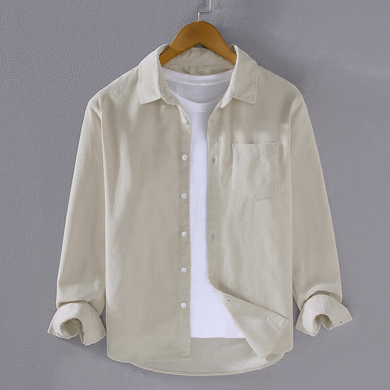 Buddha Stones Chemises à manches longues pour homme, en coton uni, style automne-hiver, avec poche plaquée et poche. - Ivoire - US/UK/AU44, EU54 (4XL) - image 2