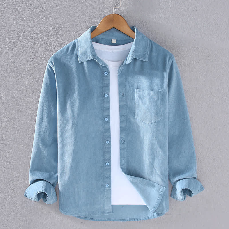 Buddha Stones Chemises à manches longues pour homme, en coton uni, style automne-hiver, avec poche plaquée et poche. - Bleu acier clair - US/UK/AU44, EU54 (4XL) - image 7