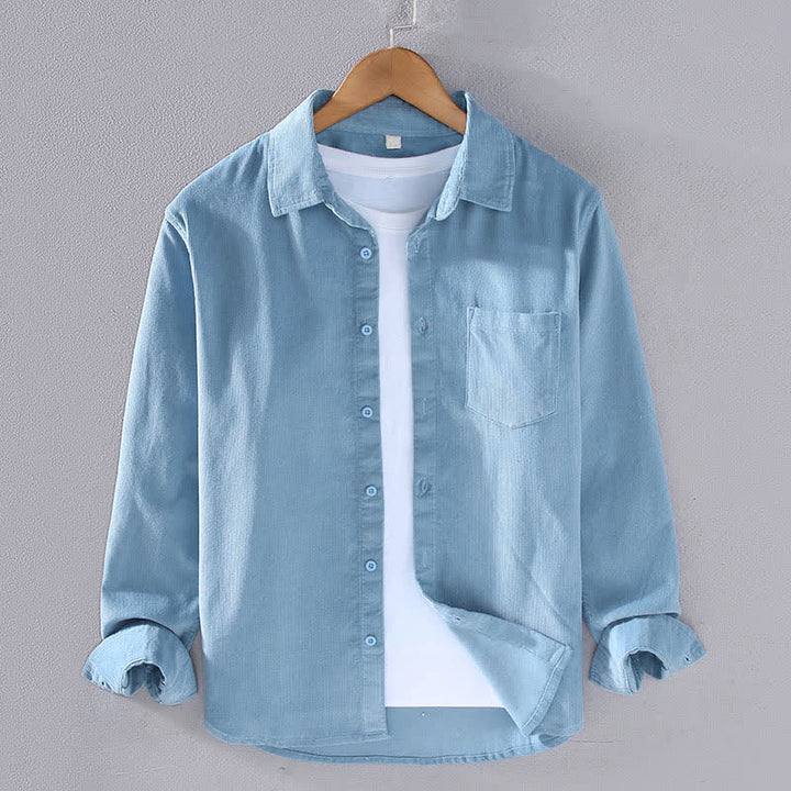 Buddha Stones Chemises à manches longues pour homme, en coton uni, style automne-hiver, avec poche plaquée et poche. - Bleu acier clair - US/UK/AU44, EU54 (4XL) - image 7