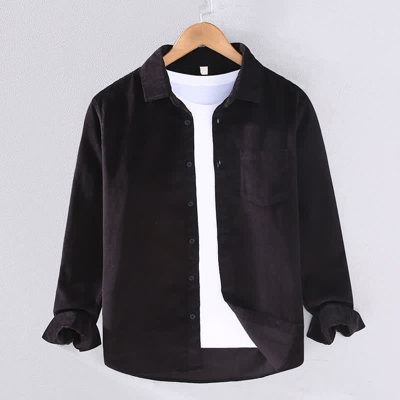 Buddha Stones Chemises à manches longues pour homme, en coton uni, style automne-hiver, avec poche plaquée et poche. - Noir - US/UK/AU44, EU54 (4XL) - image 3