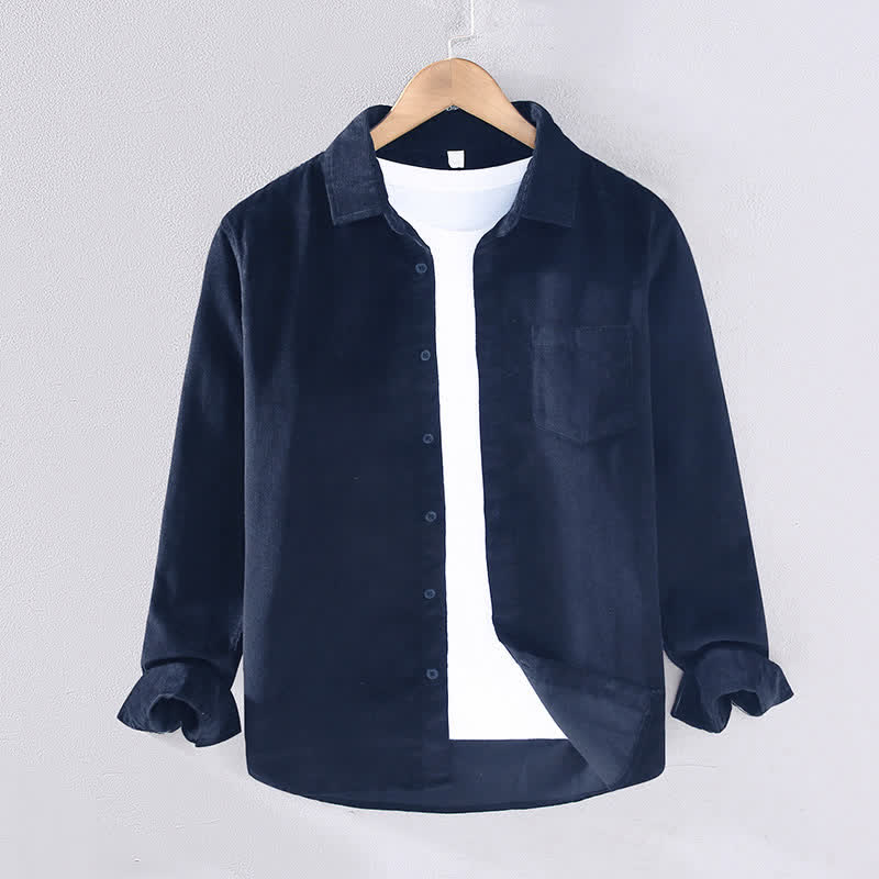 Buddha Stones Chemises à manches longues pour homme, en coton uni, style automne-hiver, avec poche plaquée et poche. - Bleu nuit - US/UK/AU44, EU54 (4XL) - image 1
