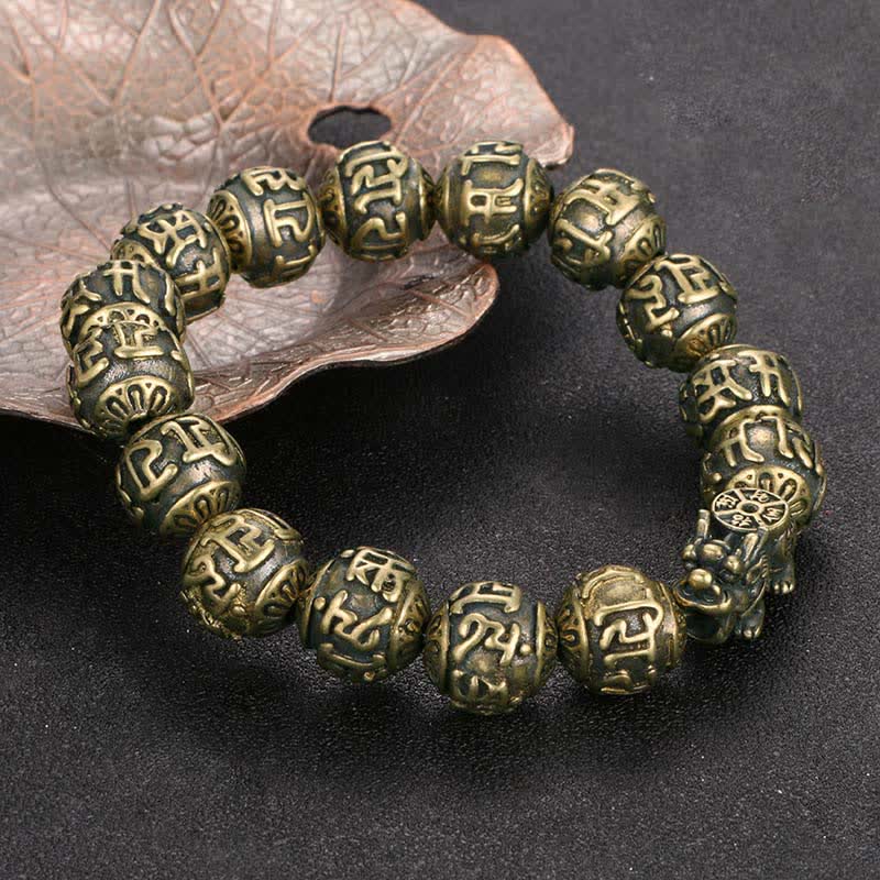 Buddha Stones Bracelet de richesse Pi Xiu Om Mani Padme Hum en laiton antique - image 2