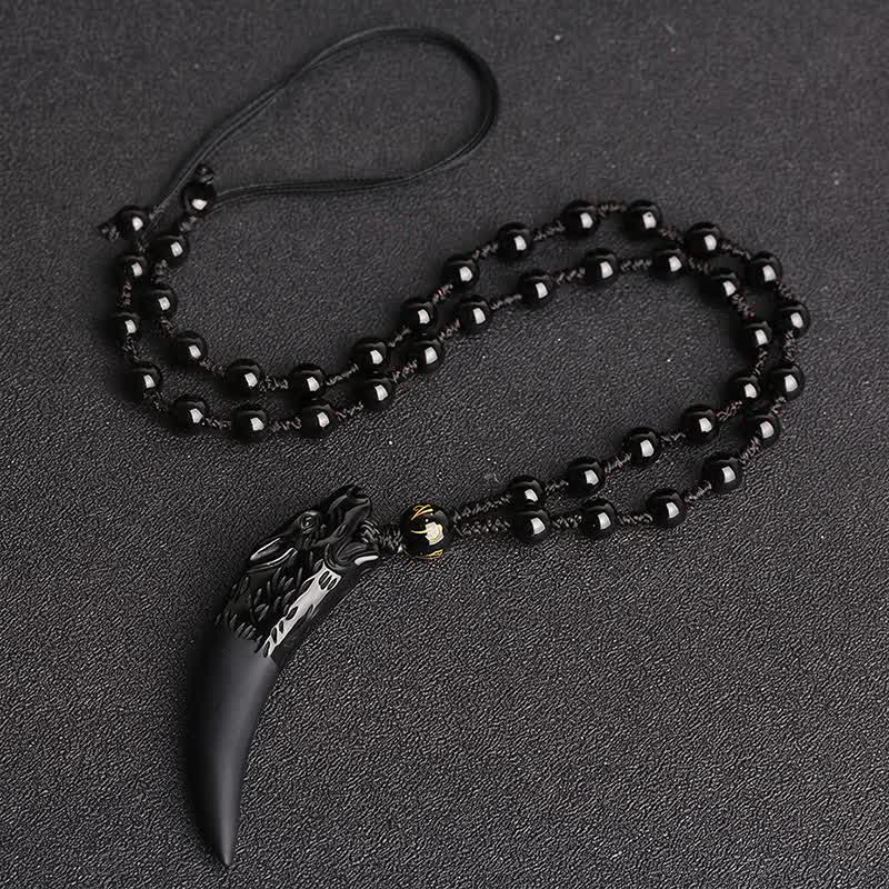Buddha Stones courageux en obsidienne de glace naturelle avec motif de dent de loup - Chaîne de perles en obsidienne glacée et perles noires 63*14 mm - image 1