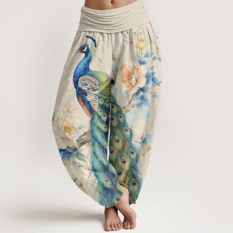 Buddha Stones Pantalon harem à taille élastique pour femme, en coton à motif floral paon - Ivoire - US16，UK/AU20，EU48 (3XL) - image 0