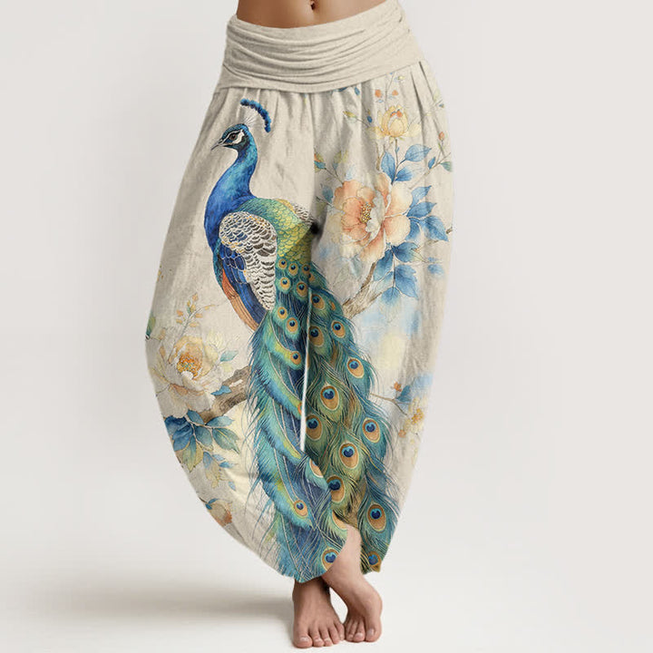 Buddha Stones Pantalon harem à taille élastique pour femme, en coton à motif floral paon - Ivoire - US16，UK/AU20，EU48 (3XL) - image 0