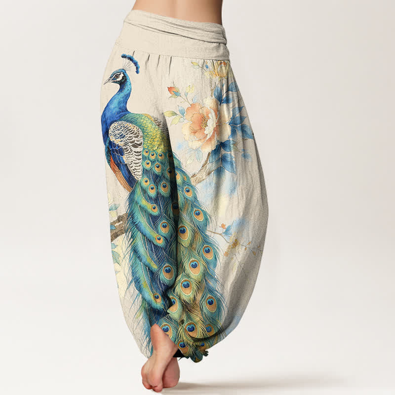 Buddha Stones Pantalon harem à taille élastique pour femme, en coton à motif floral paon - image 2