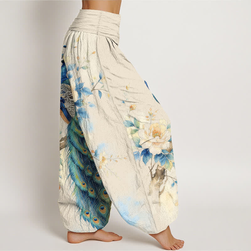 Buddha Stones Pantalon harem à taille élastique pour femme, en coton à motif floral paon - image 1