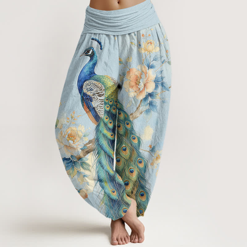 Buddha Stones Pantalon harem à taille élastique pour femme, en coton à motif floral paon - Bleu poudré - US16，UK/AU20，EU48 (3XL) - image 5