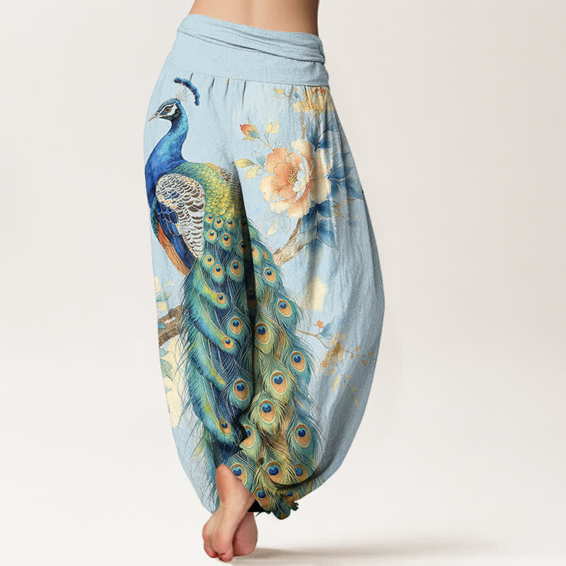 Buddha Stones Pantalon harem à taille élastique pour femme, en coton à motif floral paon - image 7