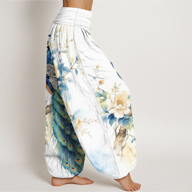 Buddha Stones Pantalon harem à taille élastique pour femme, en coton à motif floral paon - image 9