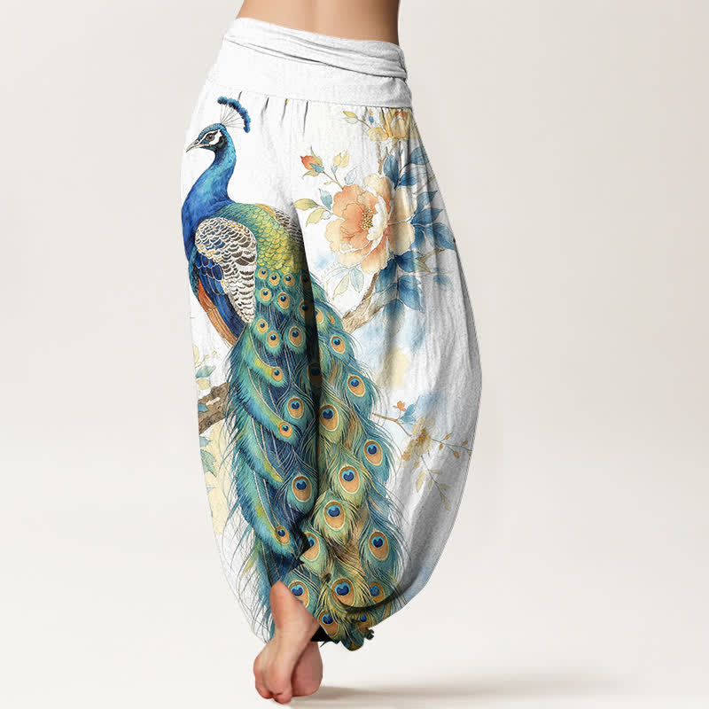 Buddha Stones Pantalon harem à taille élastique pour femme, en coton à motif floral paon - image 10
