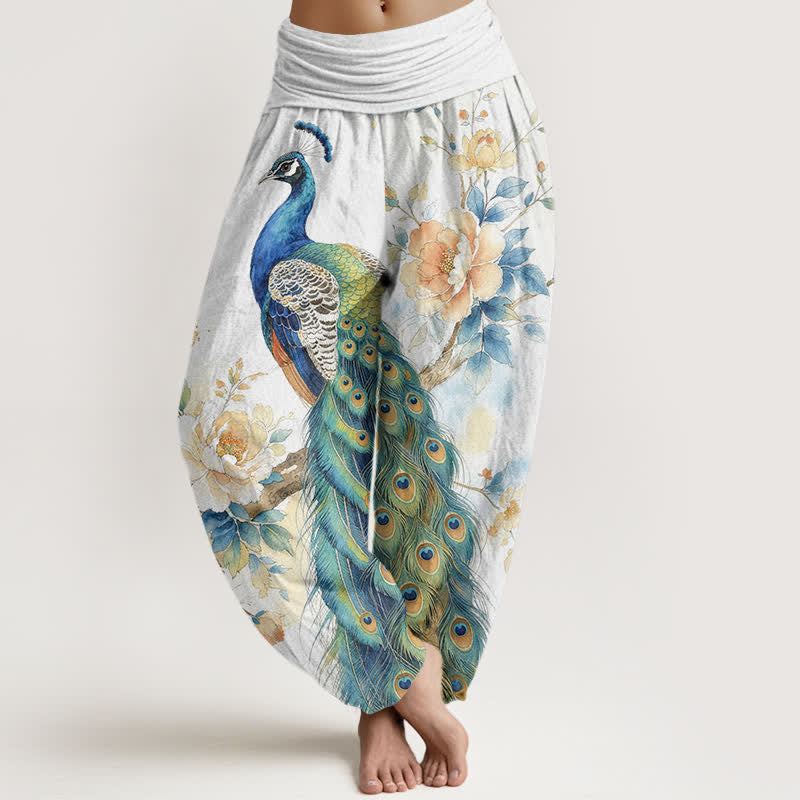 Buddha Stones Pantalon harem à taille élastique pour femme, en coton à motif floral paon - Blanc - US16，UK/AU20，EU48 (3XL) - image 8